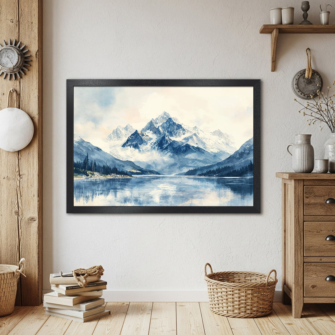 Framed Poster of a mountain landscape in watercolor style, featuring a blue and white color palette. Perfect wall art!