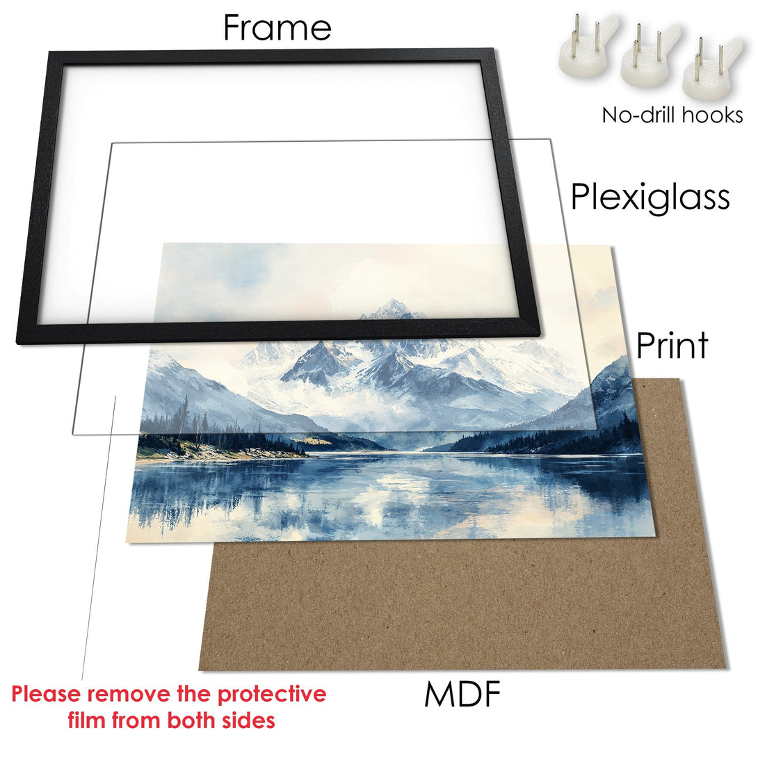 Framed Poster of a serene mountain landscape in a blue and white watercolor style. Add a touch of nature to your space!