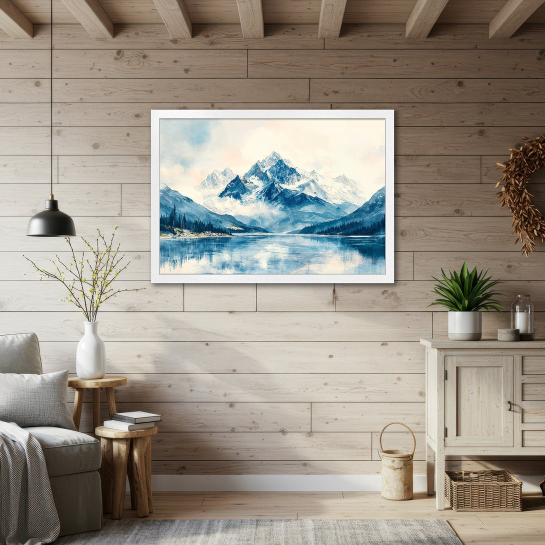 Framed Poster featuring a serene mountain landscape in watercolor style, with a cool blue color palette. Perfect wall art!