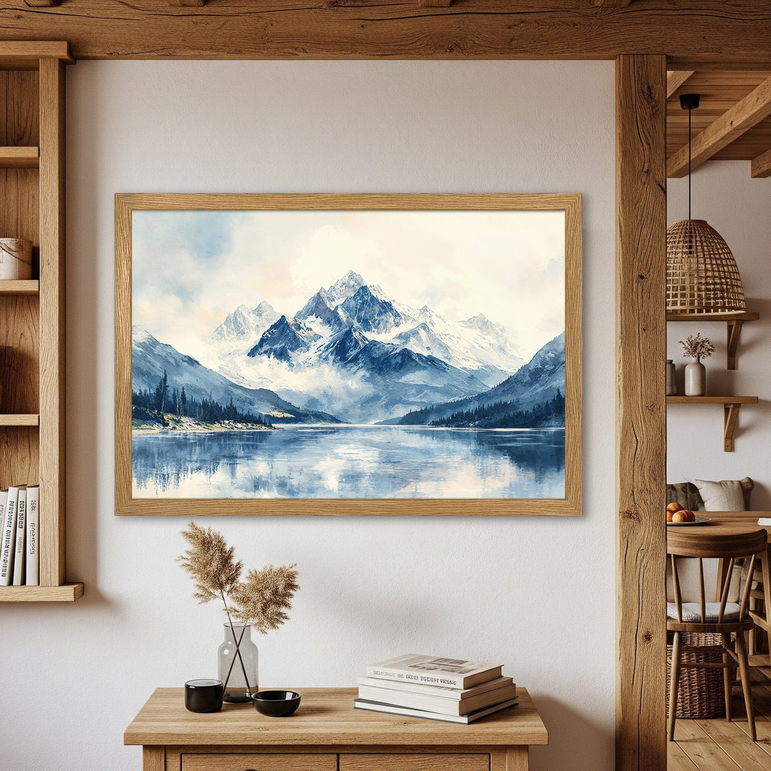 Framed Poster of a mountain lake landscape in blue and white watercolor style. Perfect wall art for your home!