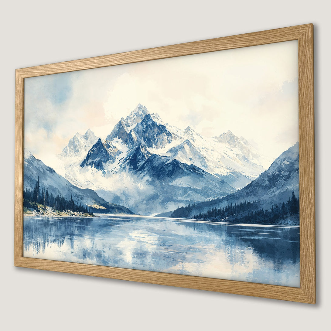 Framed Poster of a serene mountain landscape in a watercolor style, featuring a cool blue color palette. Perfect wall art!