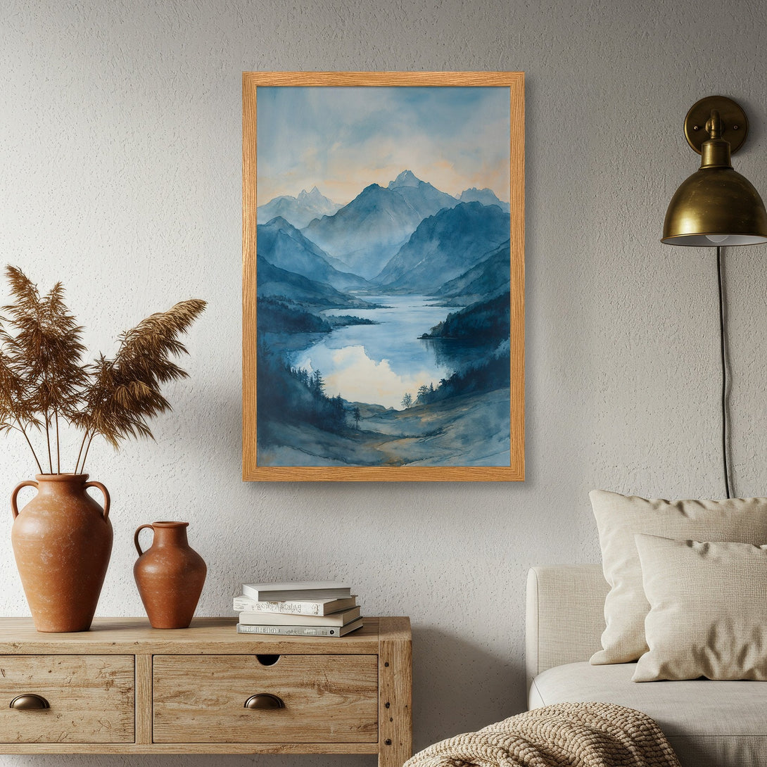 Framed Poster of a serene mountain lake landscape in watercolor style, blue and neutral color palette. Perfect wall art for any home.