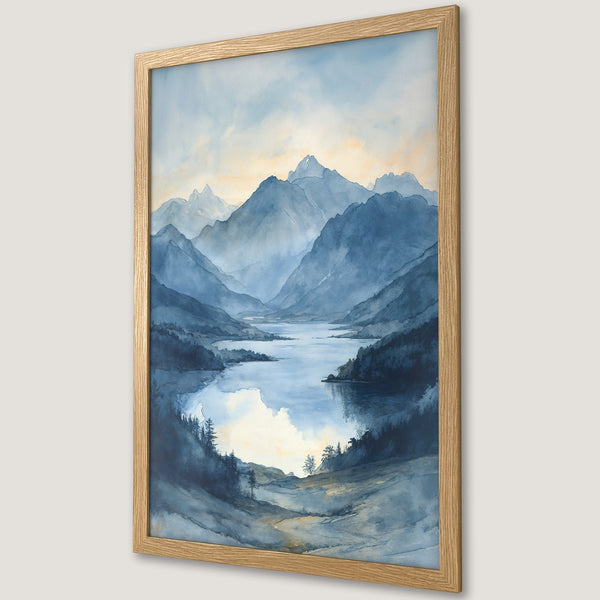 Framed Poster of a serene mountain lake watercolor painting in blue and gold hues. Perfect wall art for a calming space.