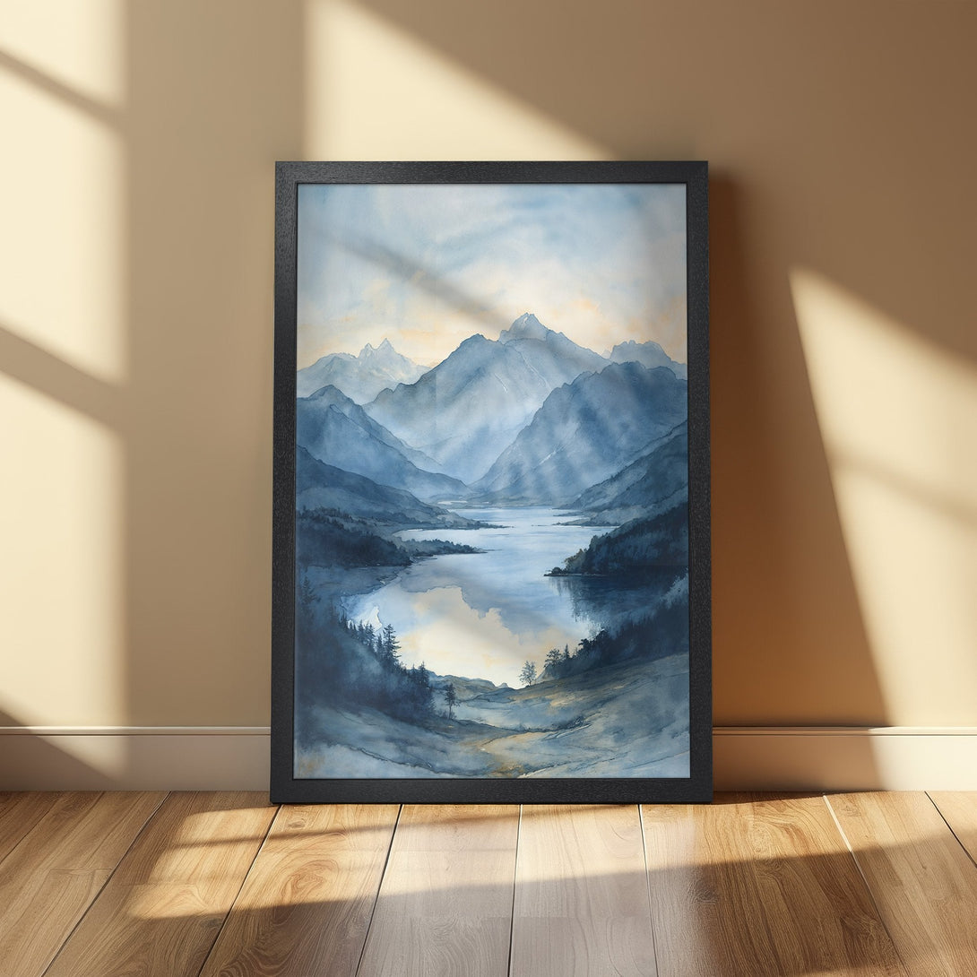 Framed Poster featuring a watercolor landscape of mountains and a lake in blue tones. Perfect wall art for a serene home.