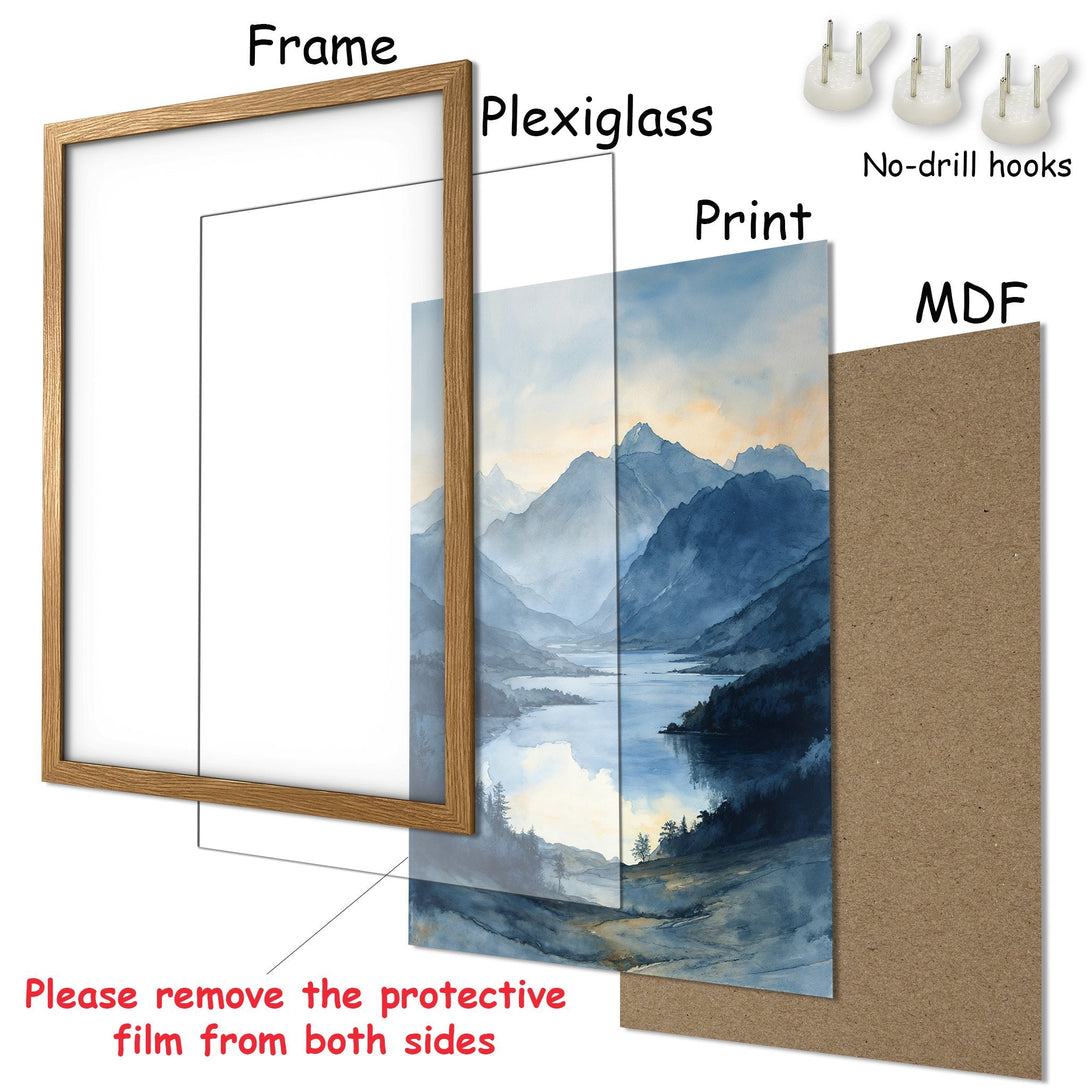 Framed Poster of a serene mountain landscape in watercolor style with a blue and beige color palette. Ready to hang!