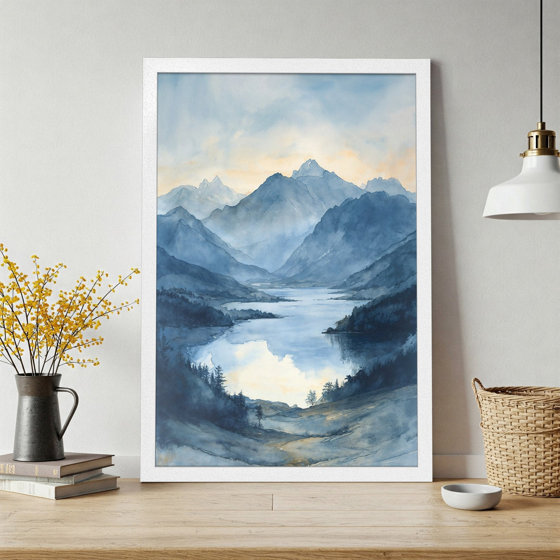 Framed Poster of serene mountain lake watercolor art in blue and gold tones. Perfect wall decor for a calming atmosphere.