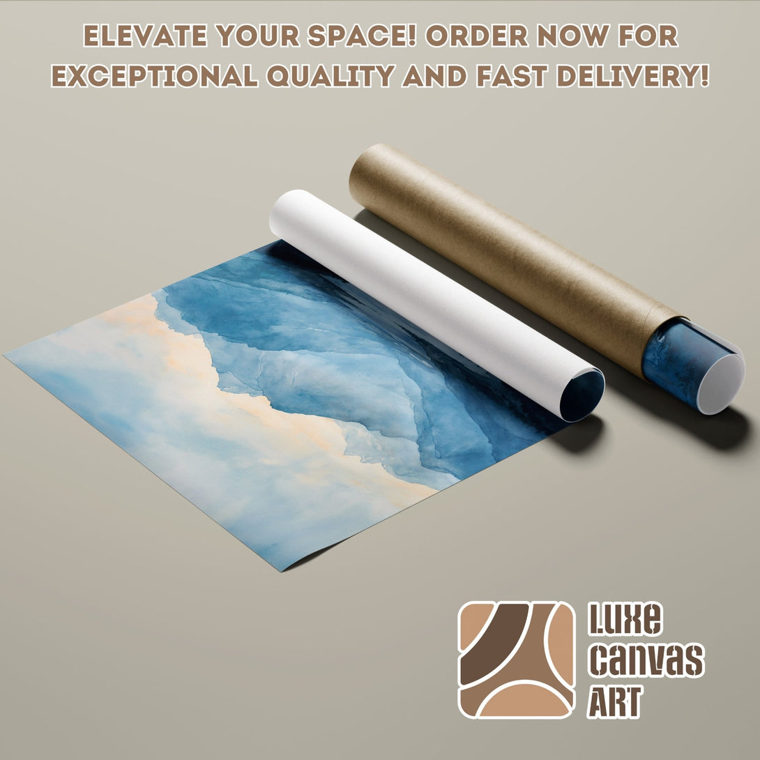 Poster Roll featuring a blue watercolor landscape, perfect for modern decor. Order your art today!