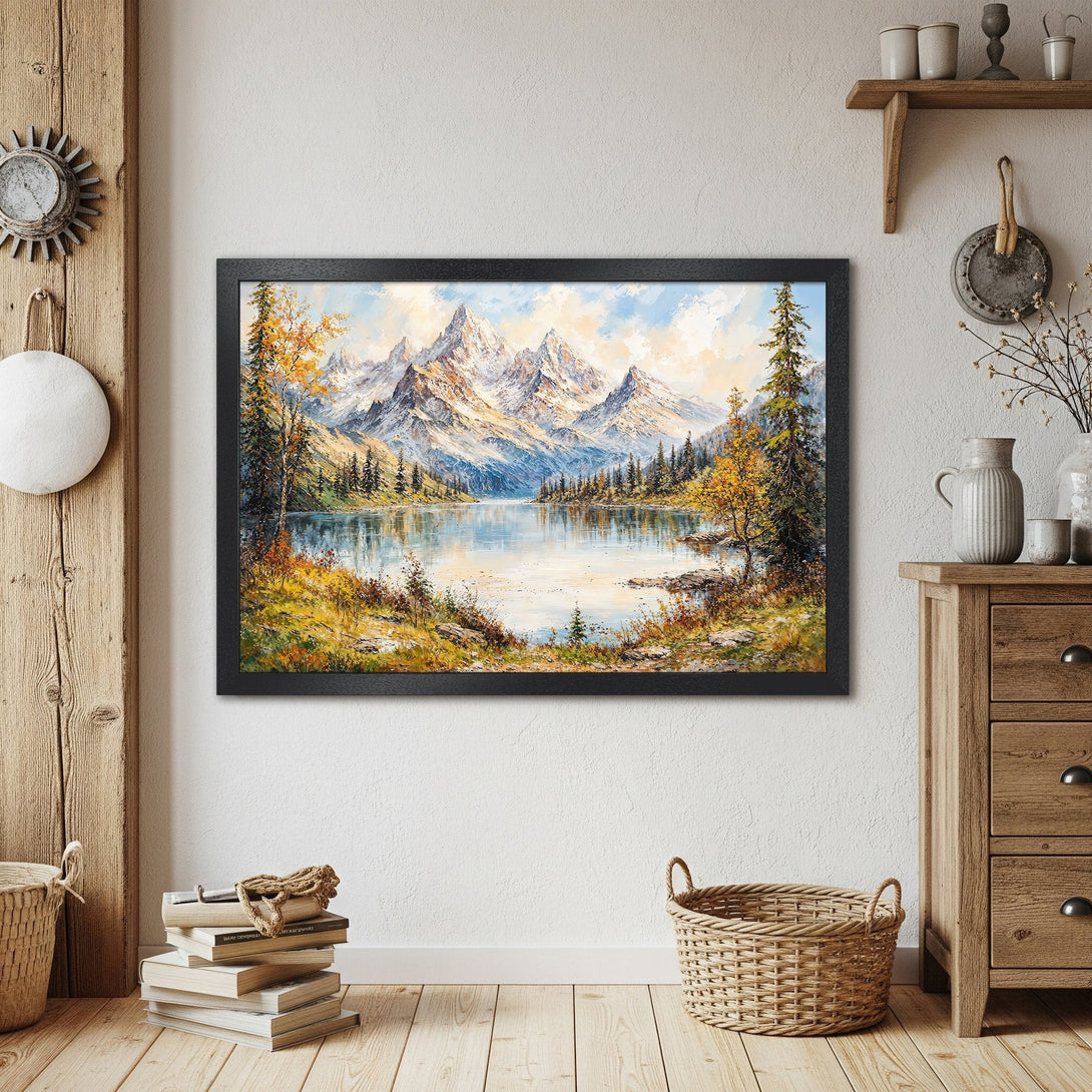 Framed Poster: Mountain lake landscape art print in warm tones. Perfect wall decor for a cozy home.