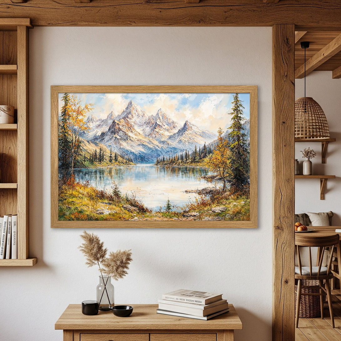 Framed Poster featuring a serene mountain lake landscape in a classic painting style. Earthy tones with blues, greens, and golds. Perfect wall art!