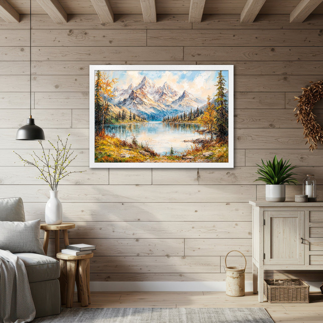 Framed Poster of a mountain landscape painting in a warm, inviting color palette. Perfect for adding a touch of nature to your home decor.