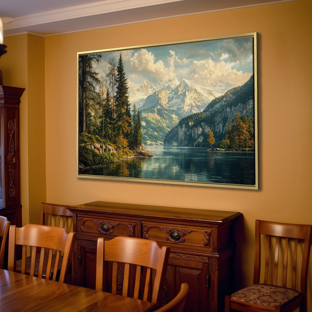 Canvas Print of a serene mountain lake landscape in a neutral color palette, perfect for adding a touch of nature to your home decor.