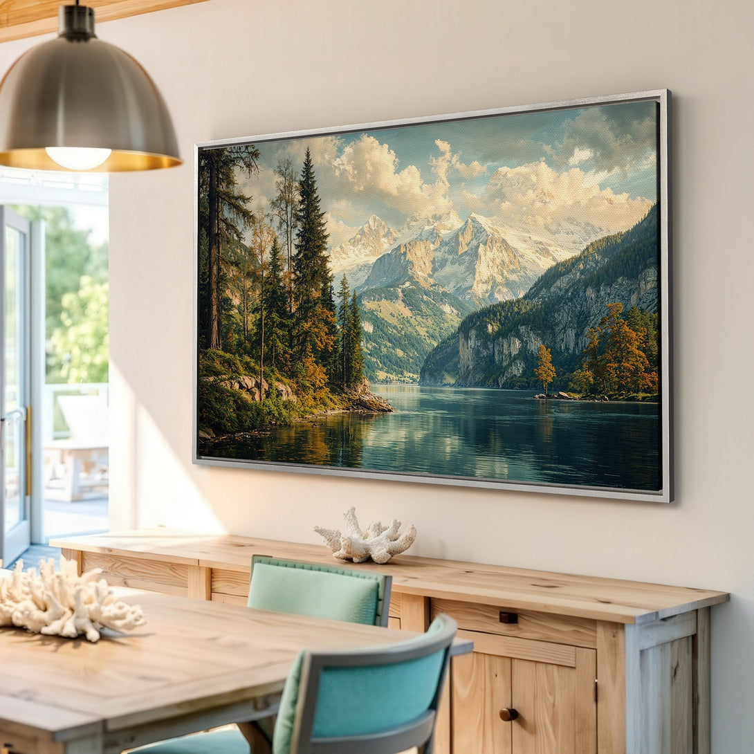 Framed Wall Art: Stunning landscape Canvas Print featuring a serene lake and majestic mountains. Earthy tones and a calming aesthetic perfect for any home.