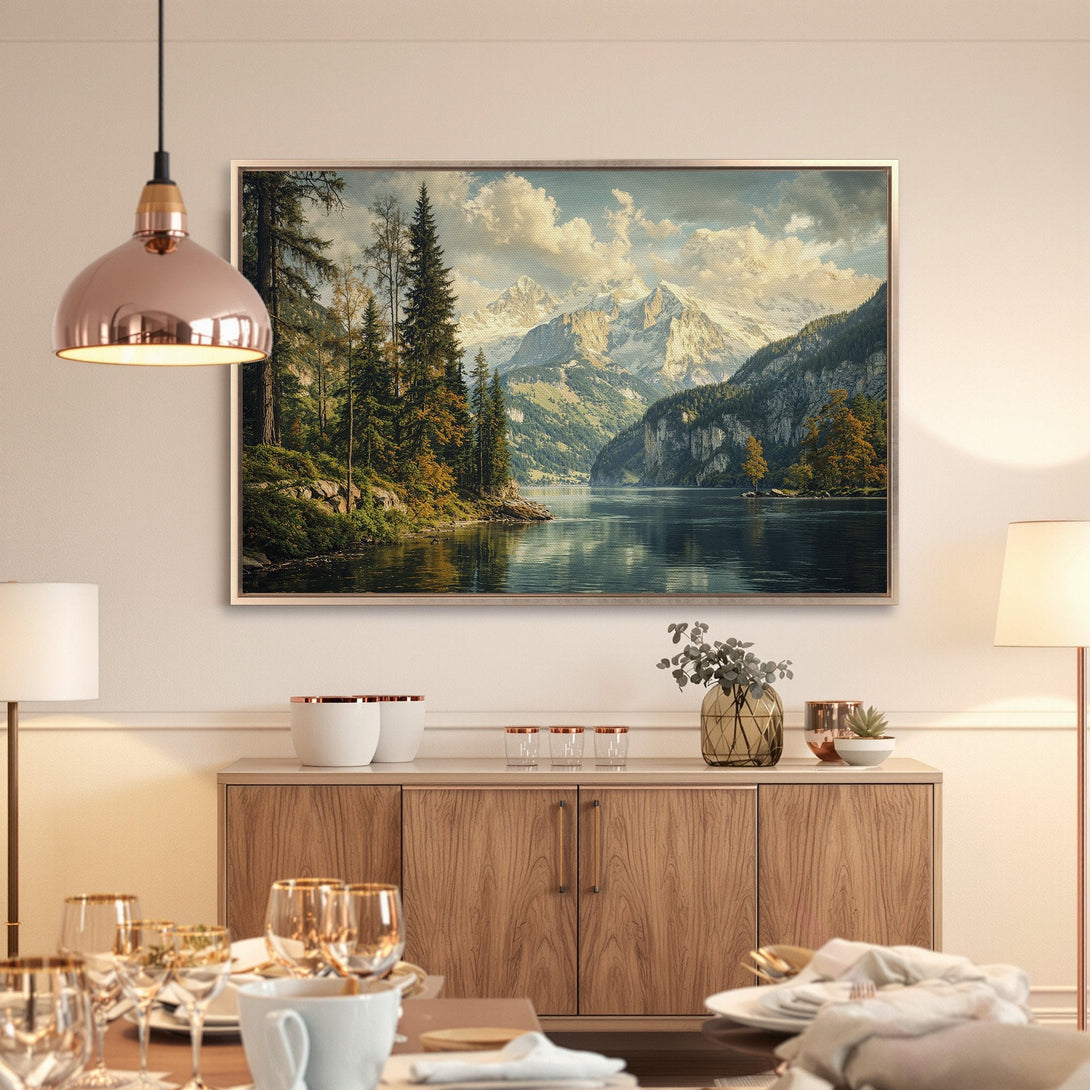 Framed Wall Art: Majestic mountain lake landscape in muted blues, greens, and browns. Enhance your space with this stunning canvas print!