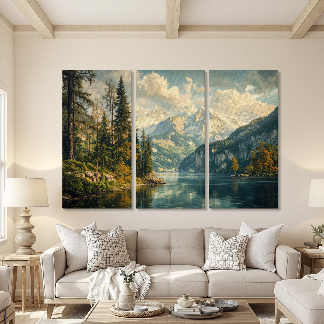 Canvas Print triptych of a serene mountain lake scene. Warm, natural color palette with blues, greens, and golds. Perfect for adding tranquility to your home.