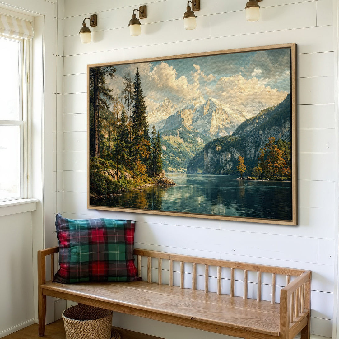 Framed Wall Art: Mountain lake landscape Canvas Print in warm tones. Rustic decor with a serene, natural aesthetic. Perfect for any home!