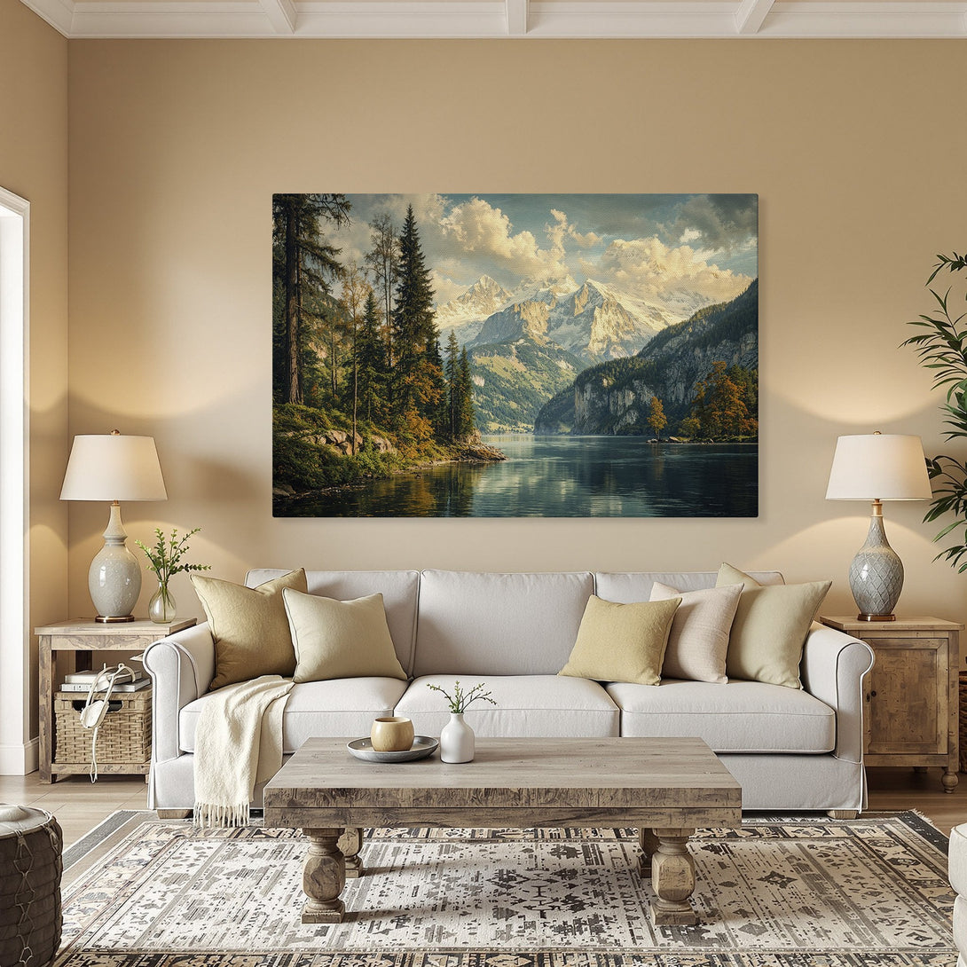 Framed Wall Art: Majestic mountain landscape canvas print in warm tones. Bring nature's beauty indoors with this stunning art piece!