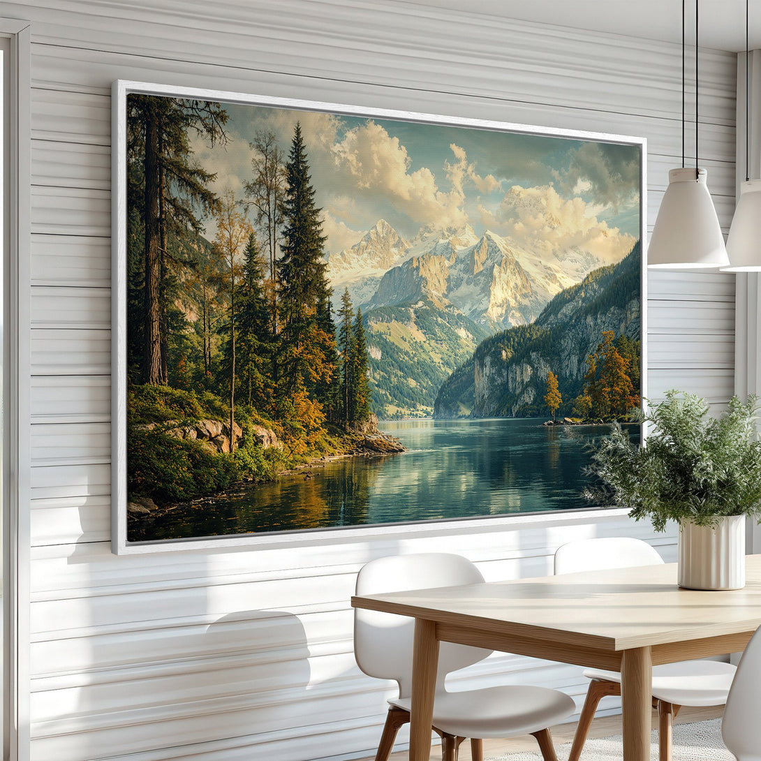 Framed Wall Art Canvas Print of a serene mountain lake landscape. Earthy tones with hints of blue and gold create a calming, nature-inspired aesthetic.