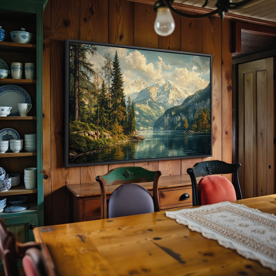 Framed Wall Art: Mountain lake landscape print in warm, earthy tones. Rustic style canvas art adds a touch of nature to any interior.