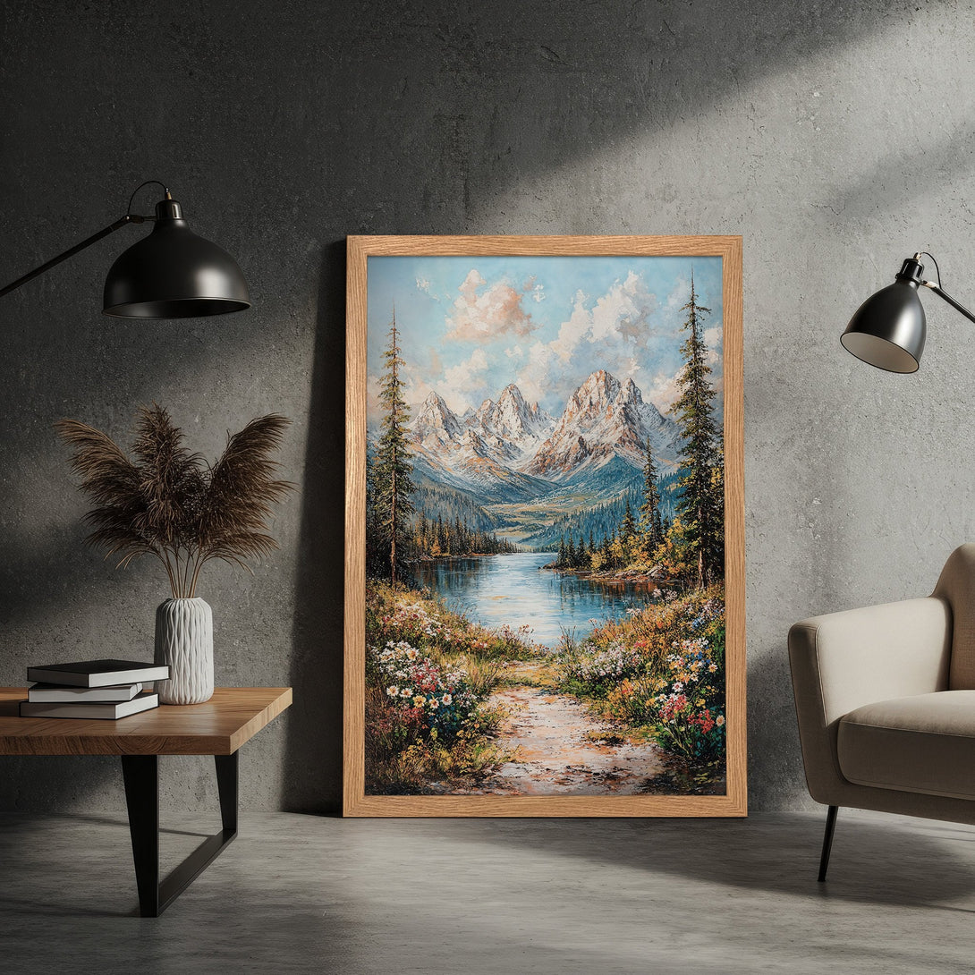 Framed Poster of a mountain landscape painting. Features a serene lake with a natural color palette. Perfect wall art for any home.