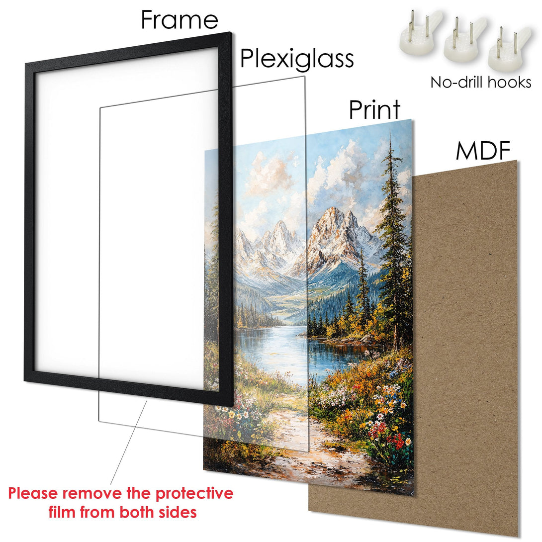 Framed Poster of a mountain landscape in a classic painting style with a blue, green, and yellow color palette. Ready to hang with no-drill hooks!