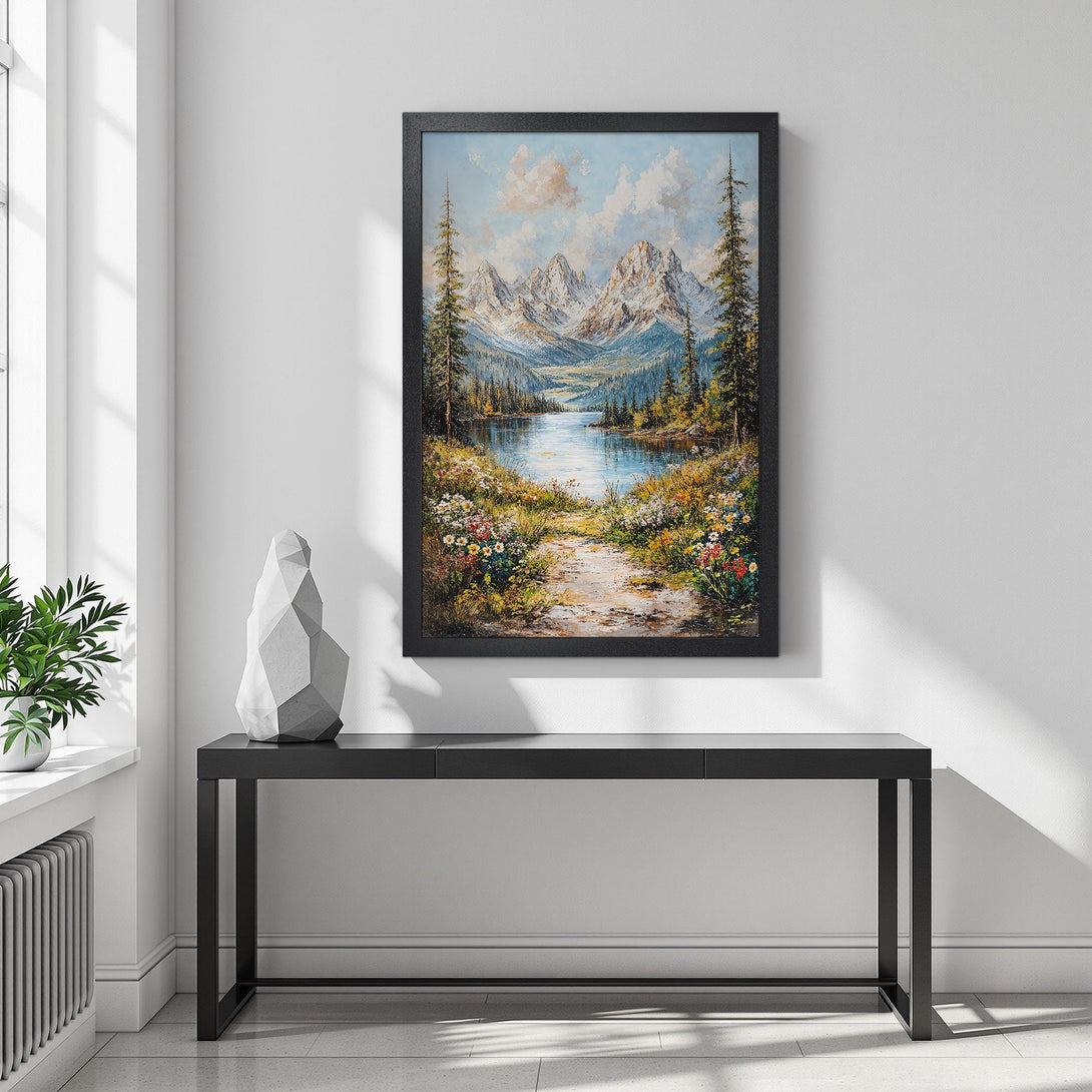 Framed Poster of a mountain landscape painting in a serene style with blue, green, and white tones. Perfect wall art for your home!