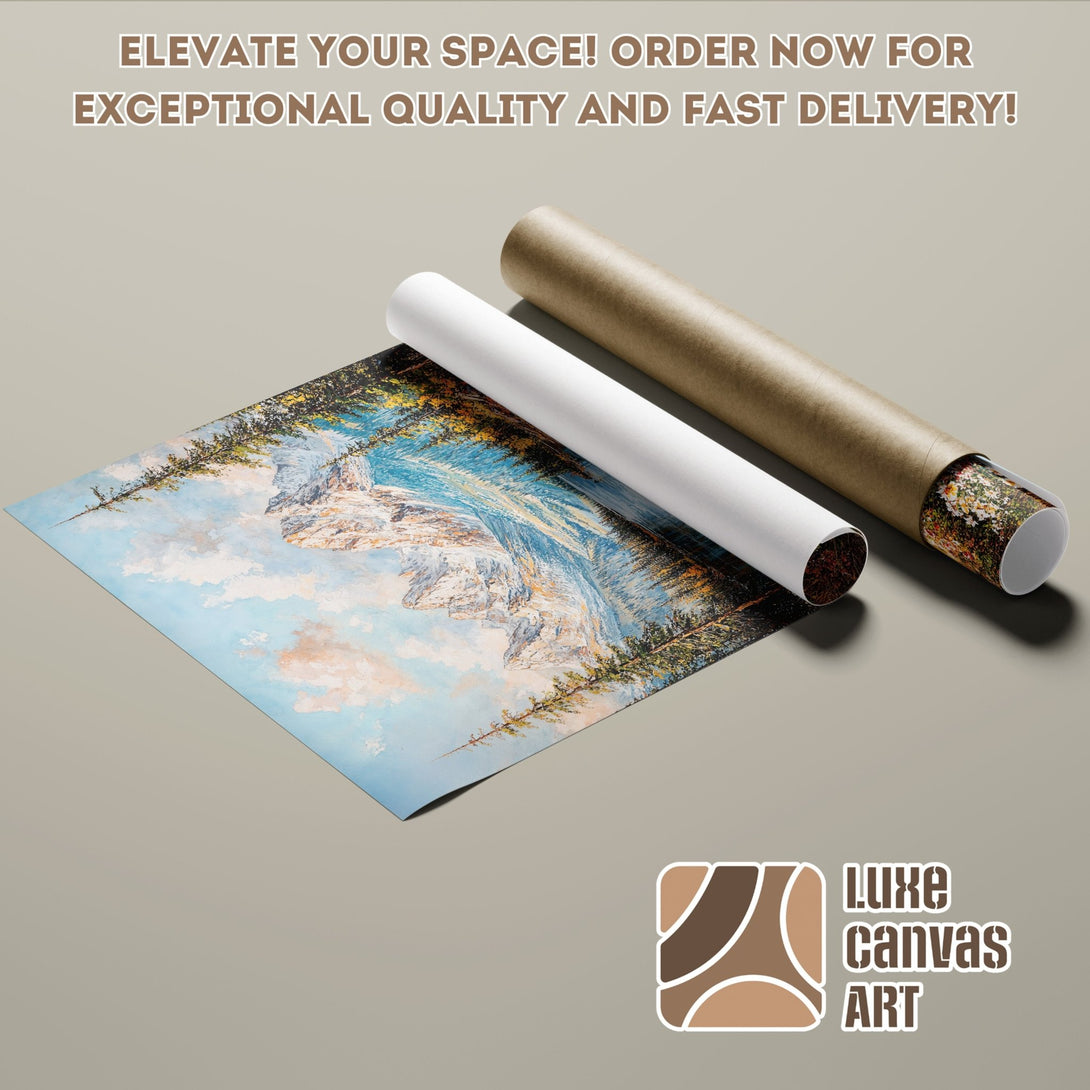 Poster Roll of a mountain landscape painting in a natural color palette. Elevate your space with Luxe Canvas Art!