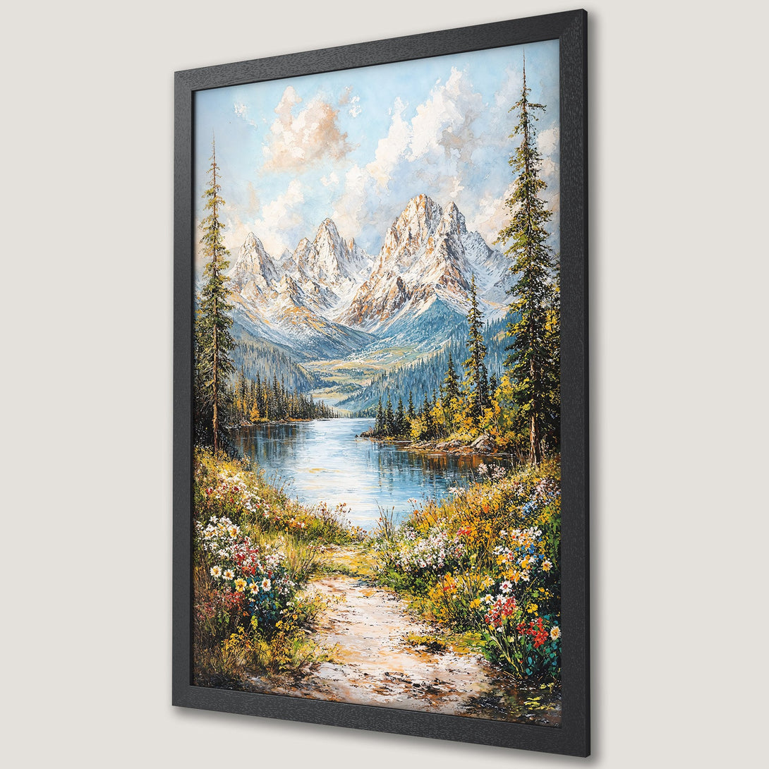 Framed Poster of a serene mountain lake landscape, oil painting style, with blue, green, and white color palette. Perfect wall art!