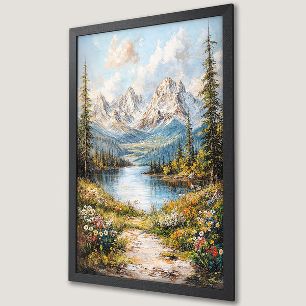 Framed Poster of a serene mountain lake landscape, oil painting style, with blue, green, and white color palette. Perfect wall art!