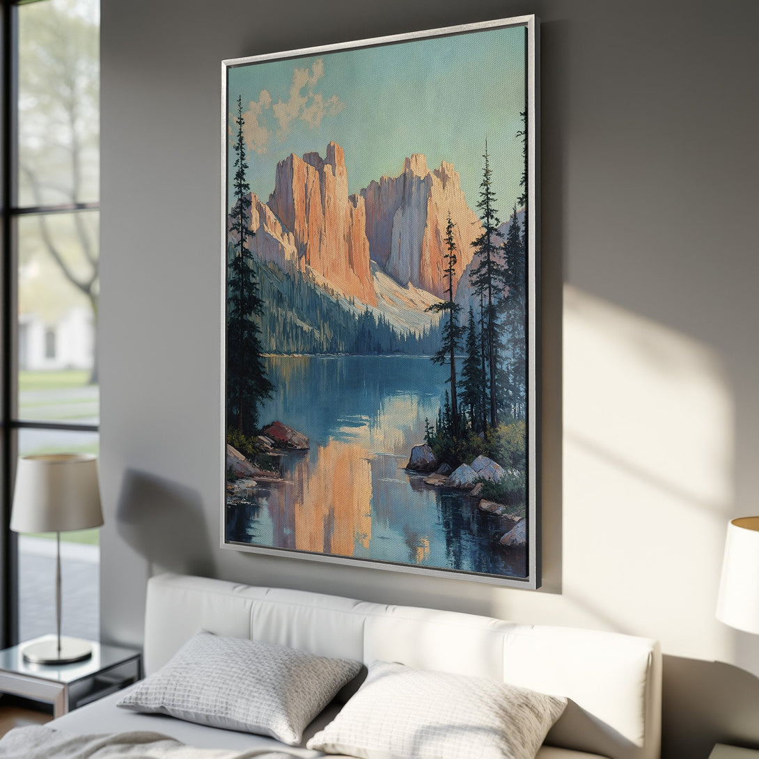 Framed Wall Art: Mountain lake landscape in warm hues. Stunning canvas print with a vintage style, perfect for adding a touch of nature to your bedroom decor.
