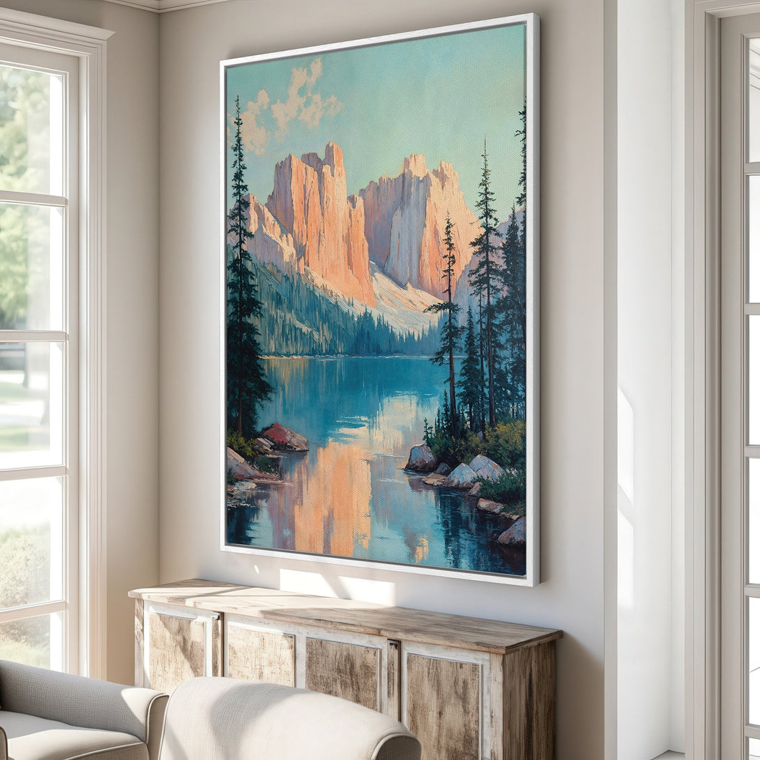 Framed Wall Art: Mountain landscape canvas print in a serene interior. Features a vibrant blue & orange color palette, perfect for adding a touch of nature to your home.