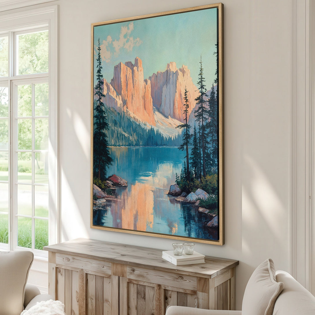 Framed Wall Art: Mountain landscape canvas print in warm tones of orange, blue, and green. Adds a touch of nature-inspired art to any room.