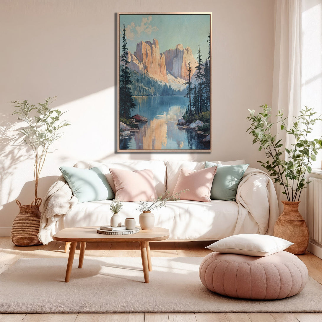Framed Wall Art: Mountain landscape Canvas Print in warm tones. Perfect for adding serene, natural beauty to your living room decor.