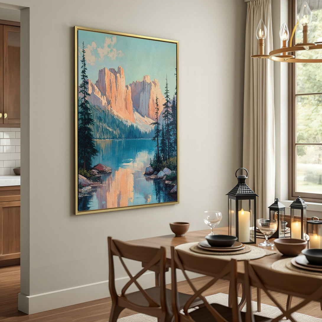 Canvas Print of a mountain lake scene in a rustic interior. Featuring a serene landscape with cool blues, greens, and warm orange hues.