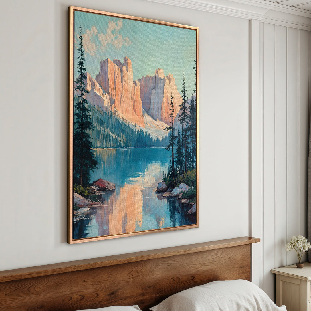 Framed Wall Art: Landscape Canvas Print of a mountain lake scene. Featuring a serene blue and orange color palette, perfect for adding a touch of nature to your home.
