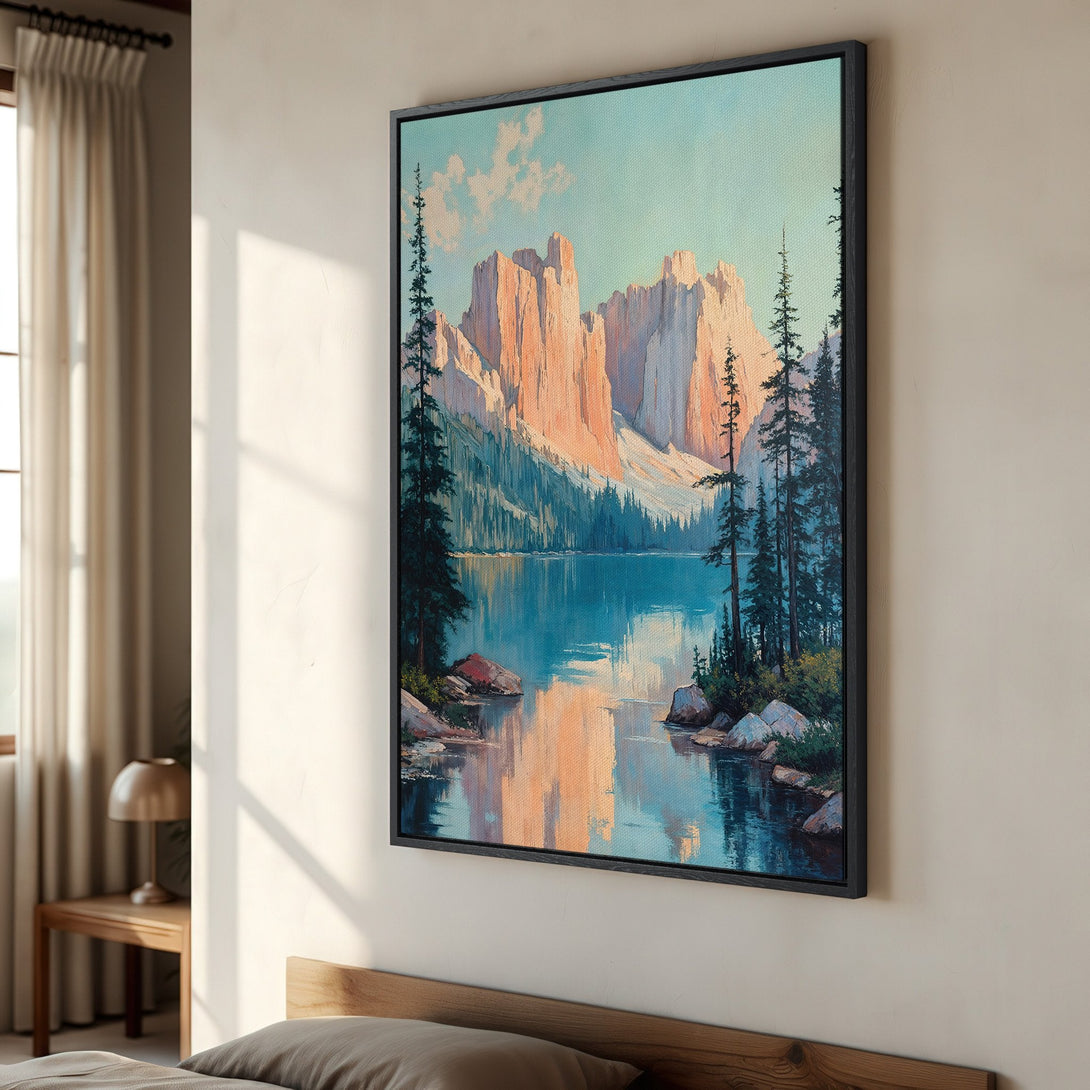 Framed Wall Art: Mountain landscape Canvas Print in a bedroom. Features a serene lake scene with blues, greens, and warm sunset hues. Perfect for home decor.