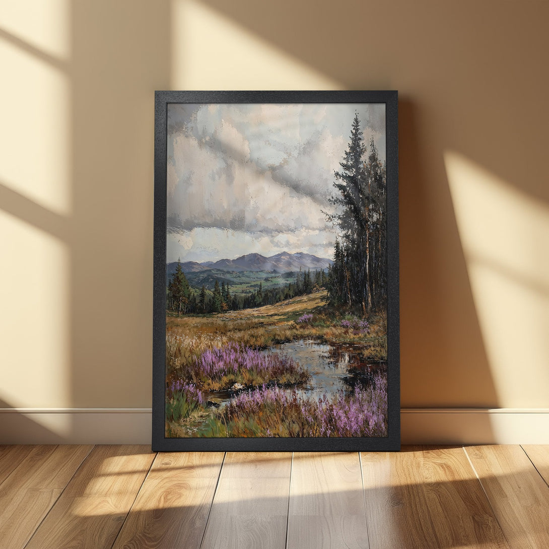 Framed Poster featuring a landscape painting with a serene lake, purple flowers, and mountains. Earthy tones and impressionistic style.