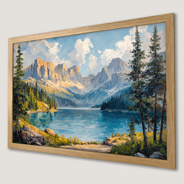 Framed Poster of a serene mountain lake landscape painting in a vibrant blue and green palette. Perfect wall art!