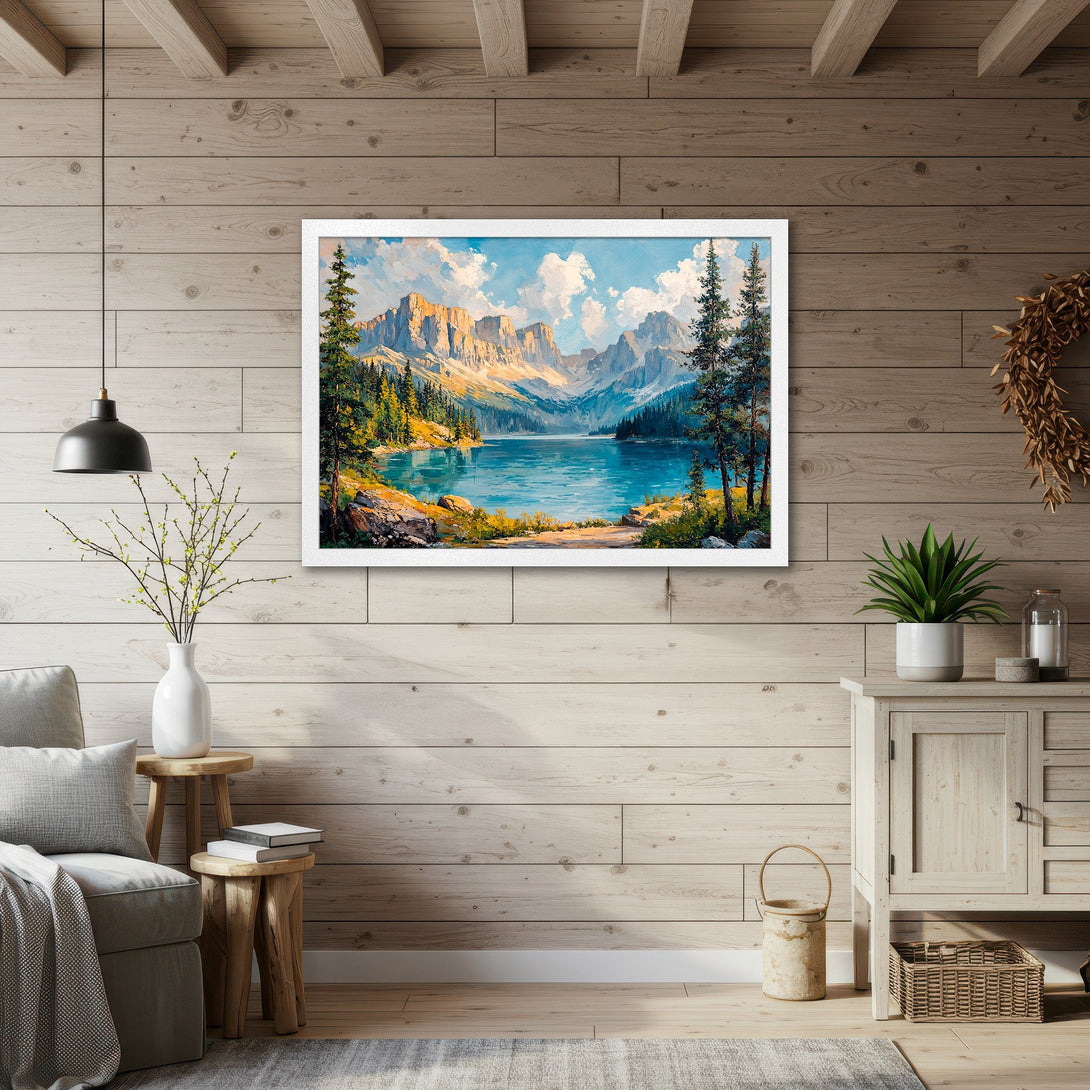 Framed Poster of a serene mountain lake landscape. Featuring a classic painting style with blue, green, and golden hues. Perfect wall art!