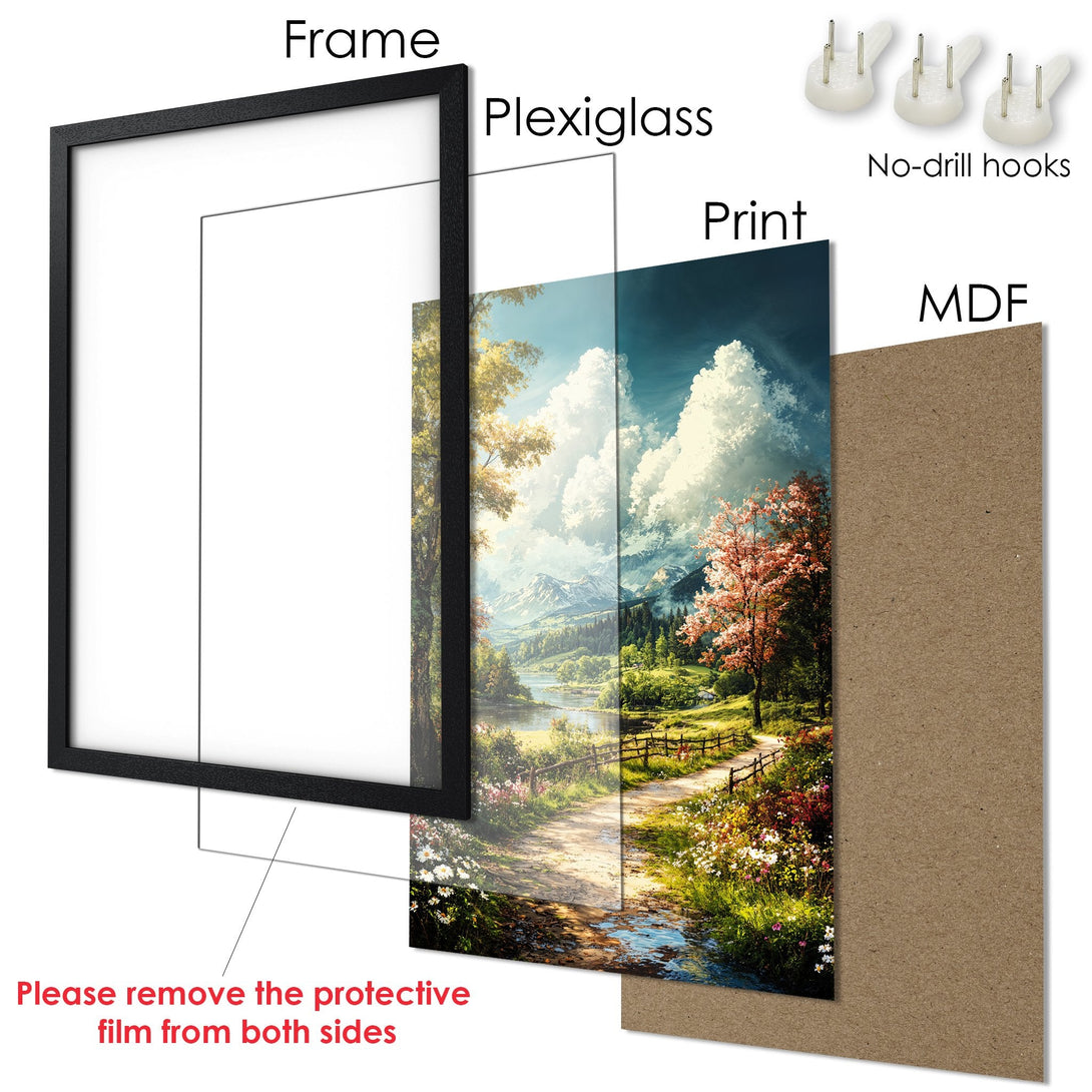 Framed Poster: Scenic landscape art print with a black frame. Features vibrant colors, a dreamy style, and a natural color palette. Perfect wall decor.