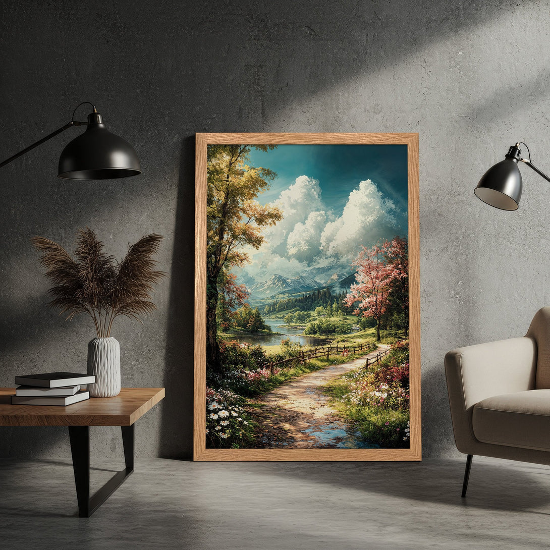 Framed Poster of a serene landscape with a path, lake, and mountains. Features a warm color palette with greens, blues, and browns. Perfect wall art!