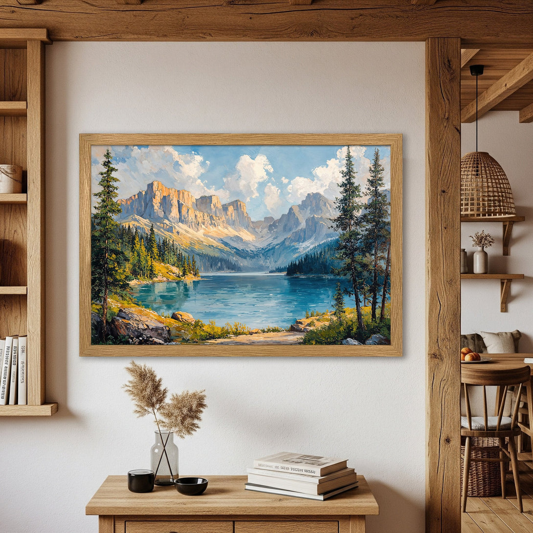 Framed Poster of a serene mountain lake scene in a warm, natural color palette. Perfect for adding a touch of nature to your home.