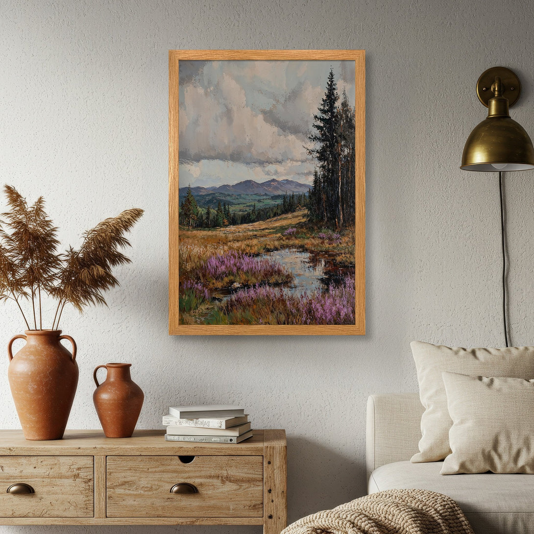 Framed Poster of a serene landscape painting with a muted color palette. Perfect art for your home decor.