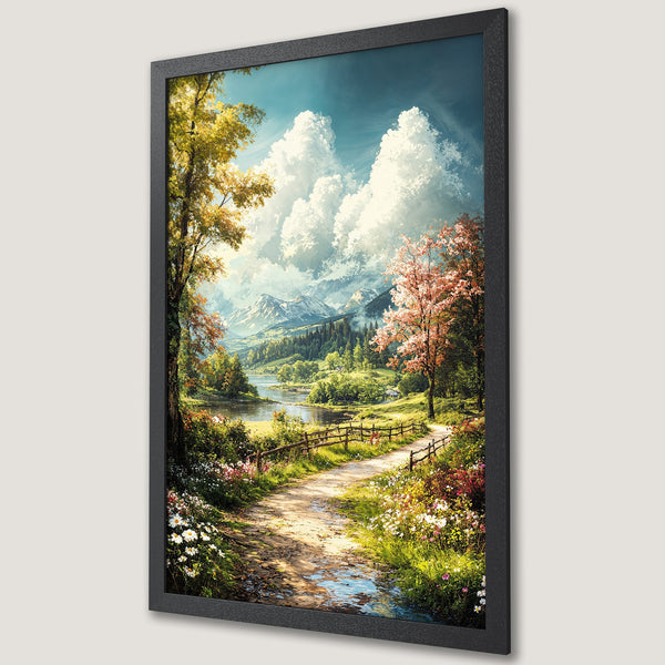 Framed Poster of a scenic landscape with a path, trees, and mountains. Impressionistic style with a natural color palette.