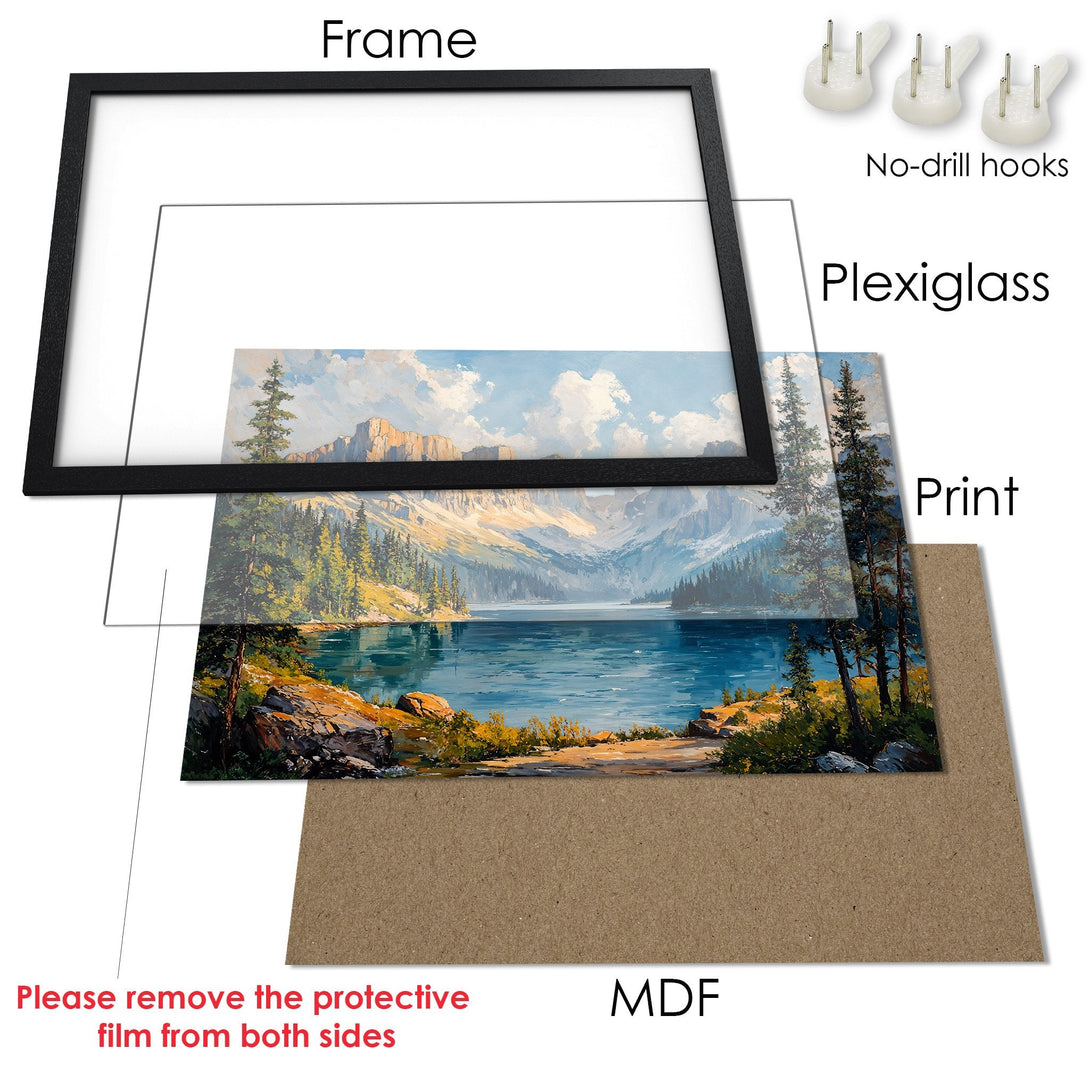 Framed Poster of a serene mountain lake landscape, featuring a painting style with blue, green, and brown tones. Ready to hang!