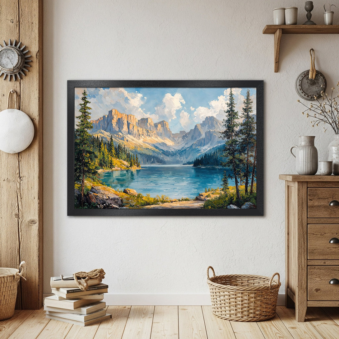 Framed Poster of a mountain lake landscape painting. Rustic style with blue, green, and golden hues. Perfect wall art!