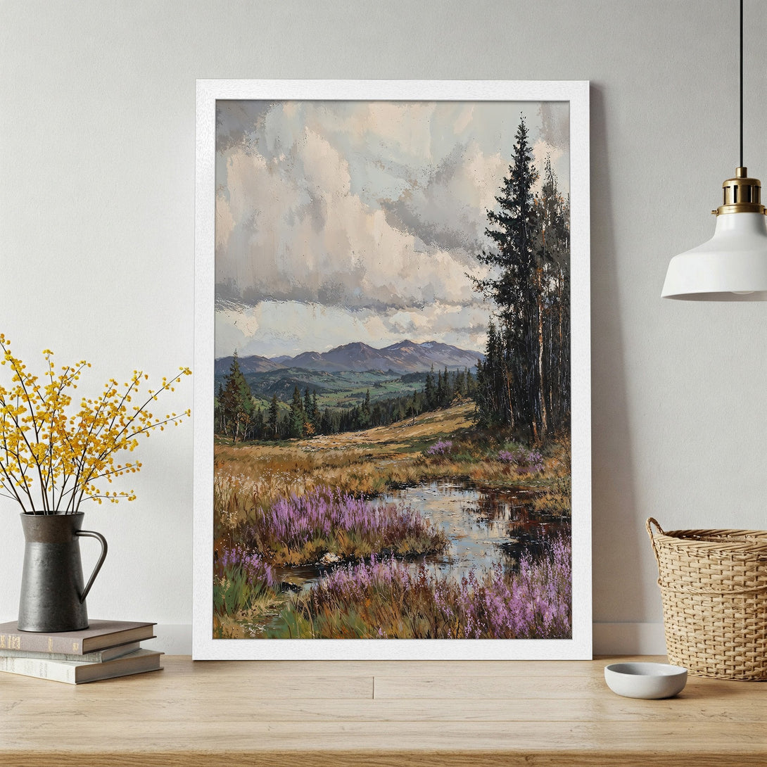 Framed Poster of a serene landscape painting with mountains, water, and purple flowers. Earthy tones and impressionistic style.