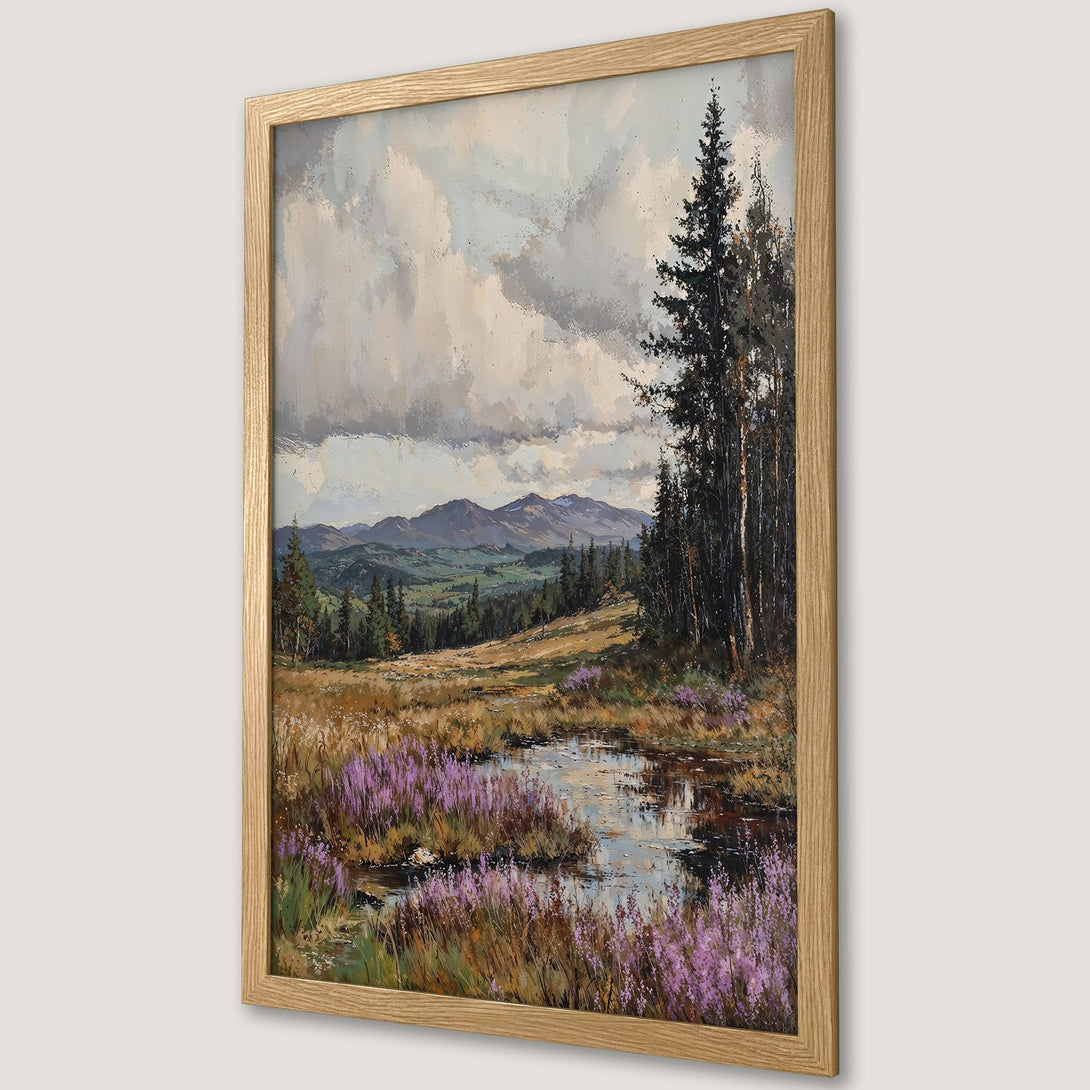 Framed Poster of a serene landscape painting. Features a pond, mountains, and trees in a muted, earthy color palette. Perfect wall art.