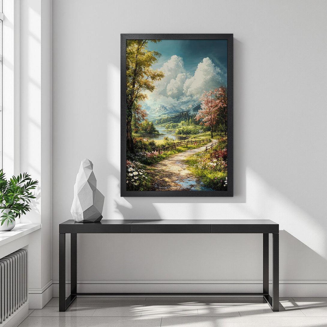 Framed Poster of a scenic landscape, featuring a path, lake, and mountains. Earthy tones with pops of green, yellow, and pink. Perfect wall art!
