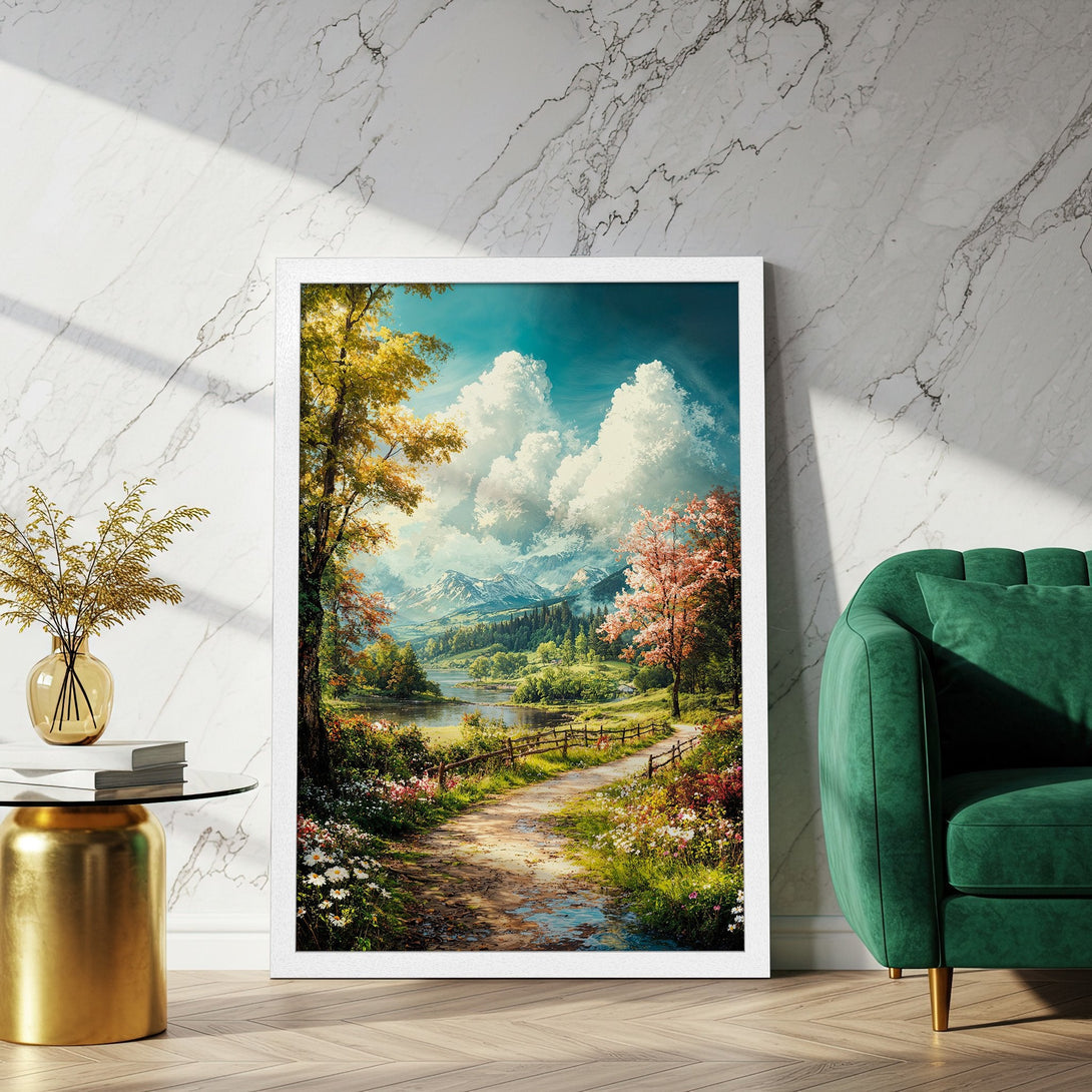 Framed Poster of a scenic landscape painting. Featuring a path, lake, and mountains with a warm, natural color palette. Perfect wall art!