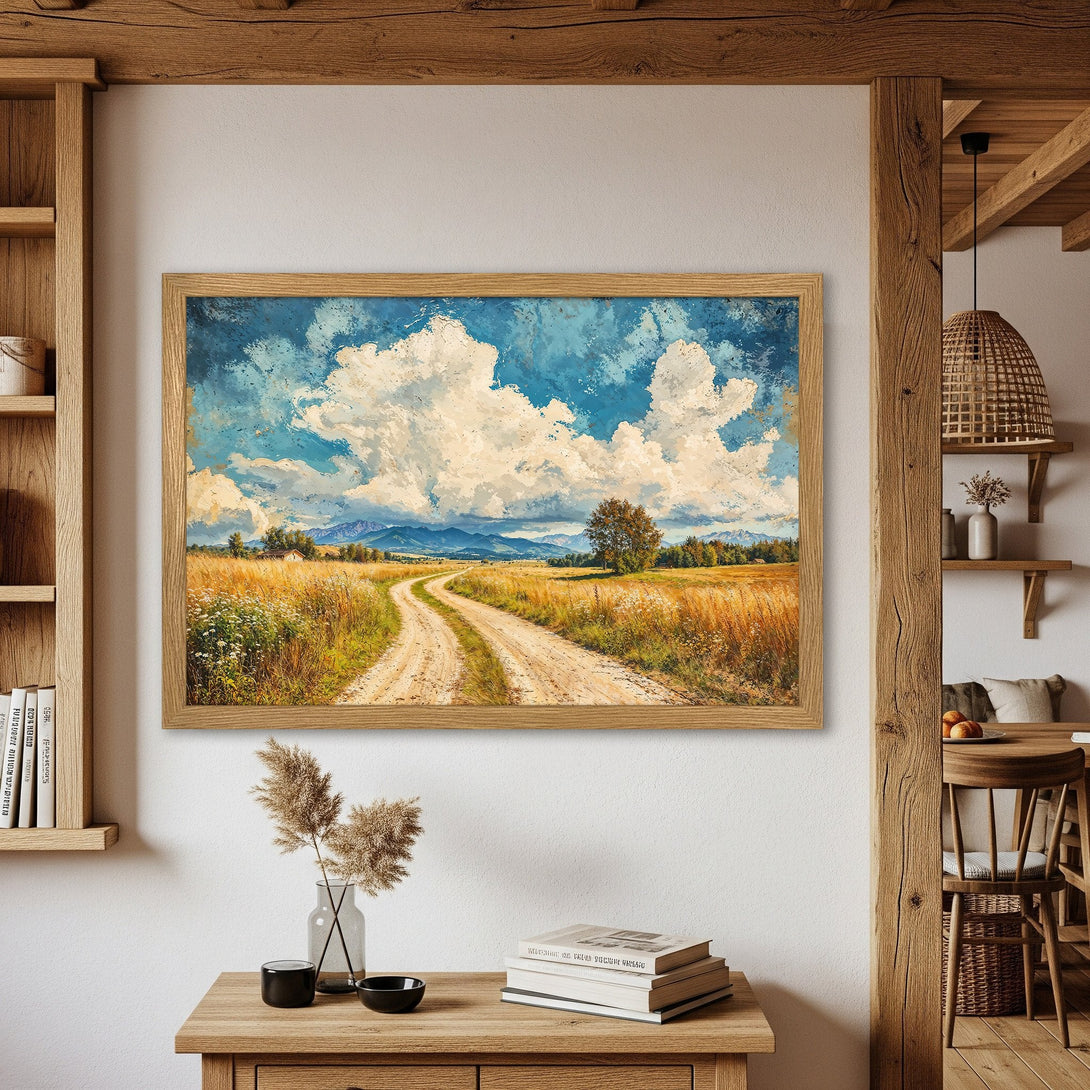 Framed Poster of a scenic landscape painting. Impressionistic style with blue, gold, and white color palette. Perfect wall art for your home.